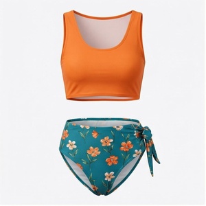 Women Floral Print 2 Piece <b>Bikini</b> <b>Set</b> <b>Orange</b> Crop Top Teal Tie Side Bottom Stretch Swimwear - Product Image 1