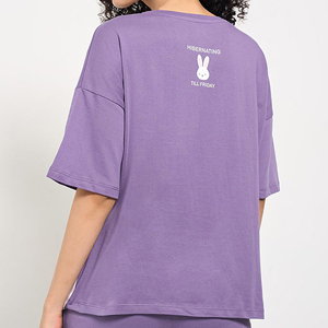Womens Cotton <b>T</b> <b>Shirt</b> Cute Bunny <b>Rabbit</b> Chenille Patch Drop Shoulder Purple Tee Apparel Manufacturer - Product Image 2