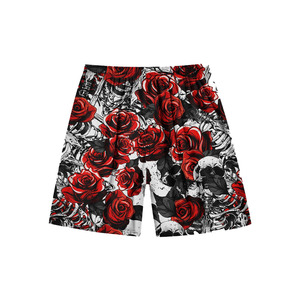 Shorts pour hommes personnalisés à imprimé rose et crâne, motif gothique squelette floral intégral, avec cordon de serrage, décontractés, pour l'été et la plage - Product Image 2