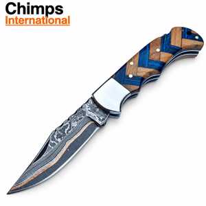 Cuchillos plegables hechos a mano de acero damasco y cobre de alta calidad, con mango de madera y punta de cuchillo tipo drop point, para caza, al por mayor. - Product Image 1