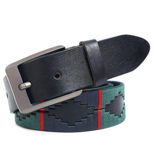 Polo Belt With Geometric Pattern Green Blue Red Leather Trim Silver Buckle Equestrian Style Casual Wear - Product Image 4