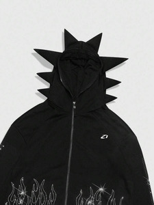 Sudadera con capucha negra para hombre, con cremallera, diseño de llamas con pedrería, capucha con púas, de algodón polar, estilo oversize, fabricación de ropa urbana - Product Image 4