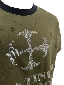 Custom Distressed Olive Green Rhinestone Cross Oversized Graphic Tee Two Piece Long Leather Sleeves Vintage Washed <b>Y2K</b> Heavy - Product Image 4