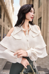 Blusa de Chifón con Hombros Descubiertos y Volantes en Capas para Mujer, Manga Larga, Elegante, Femenina, Informal, Color Marfil, <span class=keywords><strong>STELA</strong></span> - Product Image 5