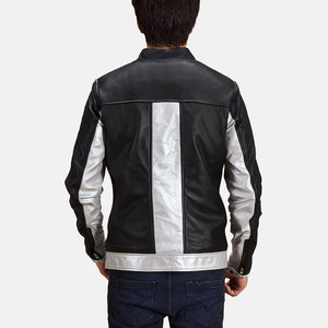 Men's Black And <b>Silver</b> Leather Moto <b>Jacket</b> Zip Front Regular Fit Autumn Wear - Product Image 4