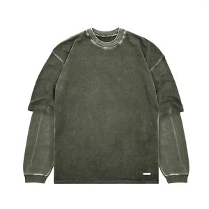 Nouveau T-shirt pour homme en coton 100% avec logo personnalisé, coupe ample, manches longues, anti-bactérien, effet délavé à l'acide. - Product Image 3