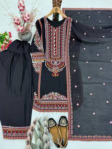 Salwar Kameez Pakistaní Negro Premium Bordado para Mujer, Kurta Recta de Diseñador con Dupatta de Algodón, Ropa Tradicional para Fiestas - Product Image 3