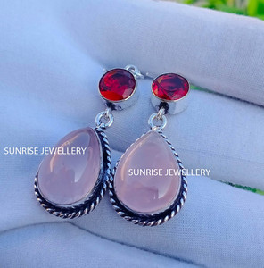 Boucles d'oreilles pendantes en argent sterling 925 avec quartz rose naturel, faites à la main, bijoux en gros - Product Image 6