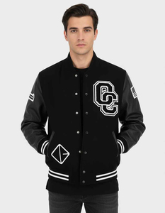 SHY SPORTS Custom OEM Asymmetric Varsity <b>Jacket</b> Black Grey Wool Split Color Leather Sleeve OC Patchwork <b>Bomber</b> Letterman <b>Jacket</b> - Product Image 5