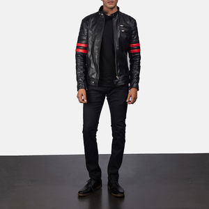 <b>Men</b> <b>Black</b> Genuine Leather Motorcycle Biker Jacket with Red Arm Stripe Stand Collar Slim Fit Fashion Riding Jacket OEM Service - Product Image 4
