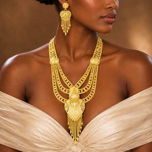 Parure de bijoux de mariée longue et lourde en laiton plaqué or 14K/18K/24K, style Dubaï traditionnel, vente en gros - Product Image 3