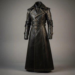 Manteau long en cuir véritable noir, double boutonnage, décoré de rivets, imperméable, écologique, coupe-vent, vêtement d'extérieur d'hiver complet - Product Image 2