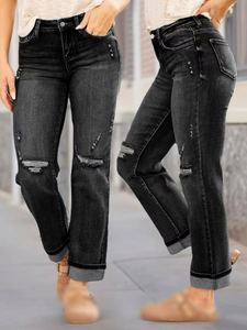 High Waist Black Ripped Denim Jeans Slim Fit Turn-Up Cuff Ankle Length Distressed Style Classic Five-Pocket Button Zip Closure - Product Image 1