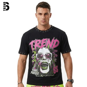 2026 Trendy Men's Streetwear Set Black <b>Studded</b> Collar Solid T-<b>shirt</b> Neon Green Shorts Custom Y2K Hip Hop Rivet 100% Cotton - Product Image 2