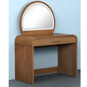 Mesa de tocador minimalista de madera de teca con espejo circular - Product Image 1