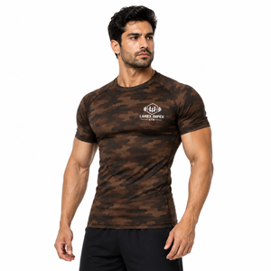 <b>Men's</b> Brown Camo <b>Compression</b> Rash Guard Short Sleeve Athletic Gym <b>Shirt</b> Fitness Training Workout Sports Base Layer Sportswear - Product Image 1