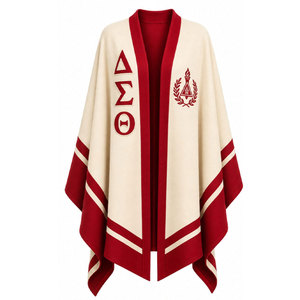 Delta Sigma Theta Embroidered <b>Poncho</b> Cream Red Letter Print Long Cardigan Women's All Seasons <b>Wool</b> Shawl - Product Image 5