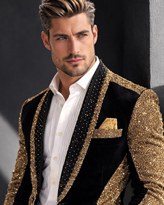 Costume de smoking noir à sequins dorés pour homme, style italien, col cranté, simple boutonnage, revers en velours, tenue de cérémonie - Product Image 2