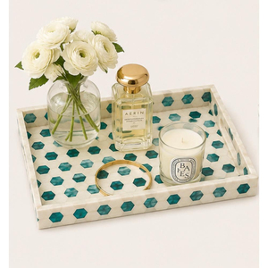 Plateau de service rectangulaire artisanal de luxe en mosaïque géométrique incrusté de nacre, écologique, avec poignées, pour mariage et décoration intérieure - Product Image 4