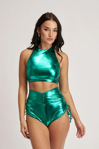 Ropa profesional para pole dance para mujeres, top de cuello alto, pantalones de cintura alta, conjunto ligero para presentaciones de verano, elástico. - Product Image 6