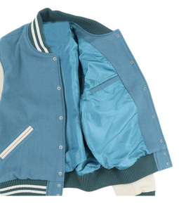 เสื้อแจ็คเก็ตเบสบอลแบบ Letterman สำหรับผู้ชาย ตัวเสื้อทำจากผ้าขนสัตว์ แขนเสื้อทำจากหนังแท้ สไตล์วิทยาลัย ปักโลโก้ - Product Image 4