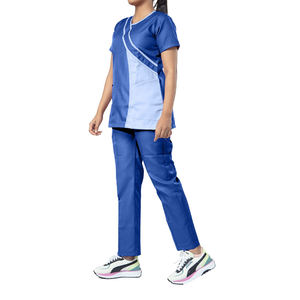 Women Blue <b>Scrub</b> Top Short Sleeve With Pockets Woven Cotton Polyester Hospital <b>Uniform</b> Blouse Professional Design - Product Image 3