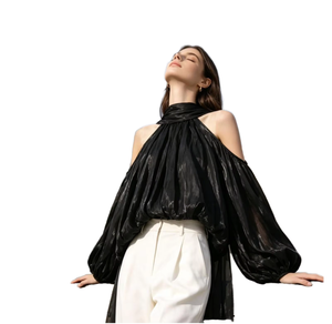 Blusa Halter de Gasa Negra para Mujer con Mangas Abullonadas, Capa Transparente, Fruncida y Plisada, Elegante, Holgada, para Primavera/Verano - Product Image 3