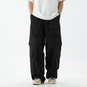 Pantalon de travail vintage pour homme, noir, coupe droite, élastique, avec cordon de serrage, plusieurs poches, respirant, léger, 100% coton, été - Product Image 2