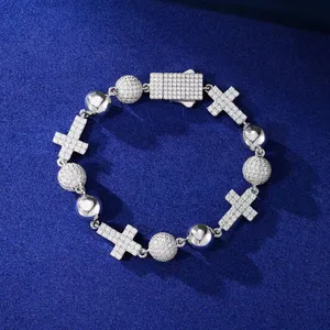 Luxury 22k <b>Gold</b> Plated <b>Beaded</b> <b>Bracelet</b> With Moissanite Cross And Round Brilliant Cut Stones Unisex Everyday Wear - Product Image 2