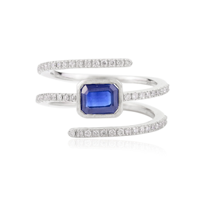 14K Solid <b>Gold</b> East West Blue Sapphire & Diamond Spiral <b>Cocktail</b> <b>Ring</b> Resizable - Product Image 2