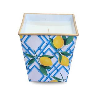 Grand pot à bougie en verre ambré avec motif citron et design géométrique bleu - Product Image 1