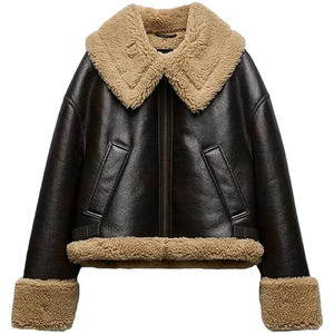 Blouson bomber en cuir véritable pour femme avec col et poignets en fourrure, manteau court d'hiver épais et coupe-vent - Product Image 1