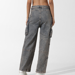 Jeans Cargo de Mezclilla para Mujer, Cintura Alta, Corte Holgado, Color Sólido, Lavado a la Piedra, Algodón, Casual, con Logotipo Personalizado - Product Image 3