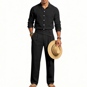 Ensemble décontracté pour homme, tenue d'été décontractée, coton tissé respirant, costume deux pièces, vêtements décontractés haut de gamme pour homme - Product Image 1