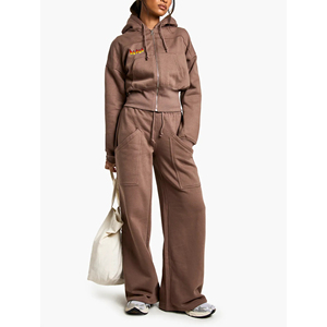 Precio al por mayor: Conjunto de chándal de 2 piezas de algodón 100% polar liso para invierno, estilo casual urbano, para mujer, con logotipo bordado personalizado, a la moda. - Product Image 4