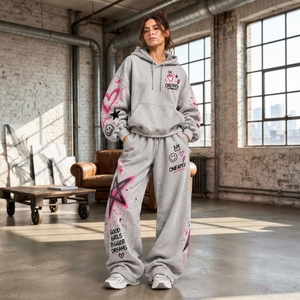 Conjunto Deportivo de Dos Piezas para Mujer, Sudadera con Capucha Gris Claro con Estampado Gráfico, Pantalones Jogger Oversize con Estampado de Corazones y Estrellas Rosas, Ropa Casual de Calle - Product Image 4