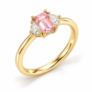 แหวนทองคำขาว 14K ทรงครึ่งวงกลมประดับเพชรสีชมพูทรงมรกตสามเม็ด ดีไซน์คลาสสิก เพชรเลี้ยงในห้องปฏิบัติการ รับรองโดย IGI ชุบโรเดียม ของขวัญสั่งทำพิเศษ - Product Image 1