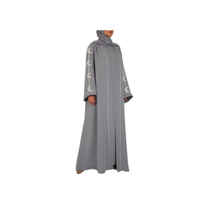 Abaya blanche longue jusqu'au sol avec broderie noire, col haut, manches longues, tenue quotidienne modeste pour femmes musulmanes, style Moyen-Orient - Product Image 5