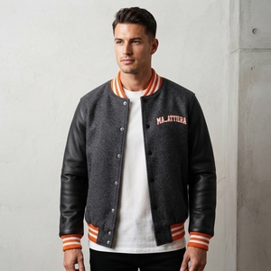 Blouson Bomber Homme en Laine Anthracite avec Manches en Cuir, Col Côtelé Rayé Orange, Broderie Personnalisée, Vêtement d'extérieur Premium - Product Image 3