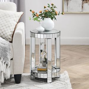 Modern 2-Layer Silver <b>Round</b> Mirror Console <b>Table</b> Crystal Inlay <b>Small</b> Sofa <b>Table</b> Storage Space Elegant Silver Decorative <b>Table</b> - Product Image 2