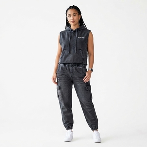 Women Denim Sleeveless Hoodie And Cargo Jogger <b>Pants</b> Set Washed Black Streetwear Two Piece Casual Outfit - Product Image 1