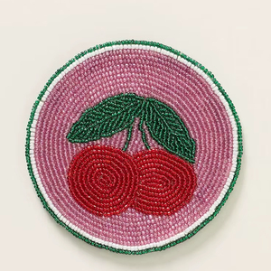 Cute Cherry <b>Beaded</b> Round Durable Modern <b>Coaster</b> Handmade Fruit Design Drink Aesthetic Table Decor - Product Image 1