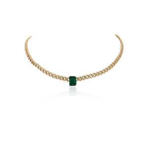 18K Gold Solitaire Emerald and Diamond Studded Curb Chain Choker Necklace - Product Image 3