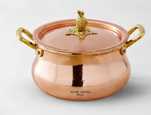Acme Metal Hammered Round <b>Copper</b> Casserole Pot With Pineapple Lid Handle Round Design Vintage Style Durable Dishwasher Safe - Product Image 1