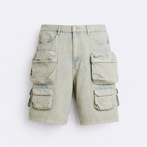 Pantalones Cortos de Mezclilla Cargo para Hombre, Corte Relajado, Lavados, con Múltiples Bolsillos, por Encima de la Rodilla, Frente Plano - Product Image 1