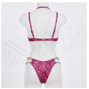 Ensemble bikini 2 pièces rose à imprimé animal, col halter, bordure en strass, bas string, maillot de bain pour femmes - Product Image 2