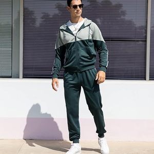Survêtement bleu kaki à blocs de couleur pour homme, logo personnalisé, 2 pièces, sweat à capuche entièrement zippé et pantalon de jogging avec options de taille - Product Image 4