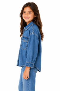 Girls Oversized Blue Denim Shirt Jacket Kids Casual Button Down Denim Top Stylish Girls Long Sleeve <b>Jean</b> Shirt <b>Soft</b> Washed Denim - Product Image 2