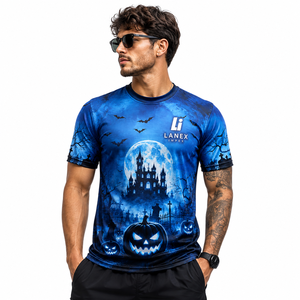 Men's Halloween T Shirt Custom 3D Digital Print Pumpkin Haunted Castle Bat Pattern Black Blue Short Sleeve Casual Shirt Apparel - Product Image 1
