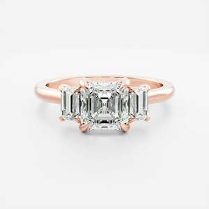 14K Solid Gold Emerald & Baguette Cut Lab Grown Diamond Three <b>Stone</b> Engagement Ring IGI Certified Unisex Luxury Trilogy Ring - Product Image 5